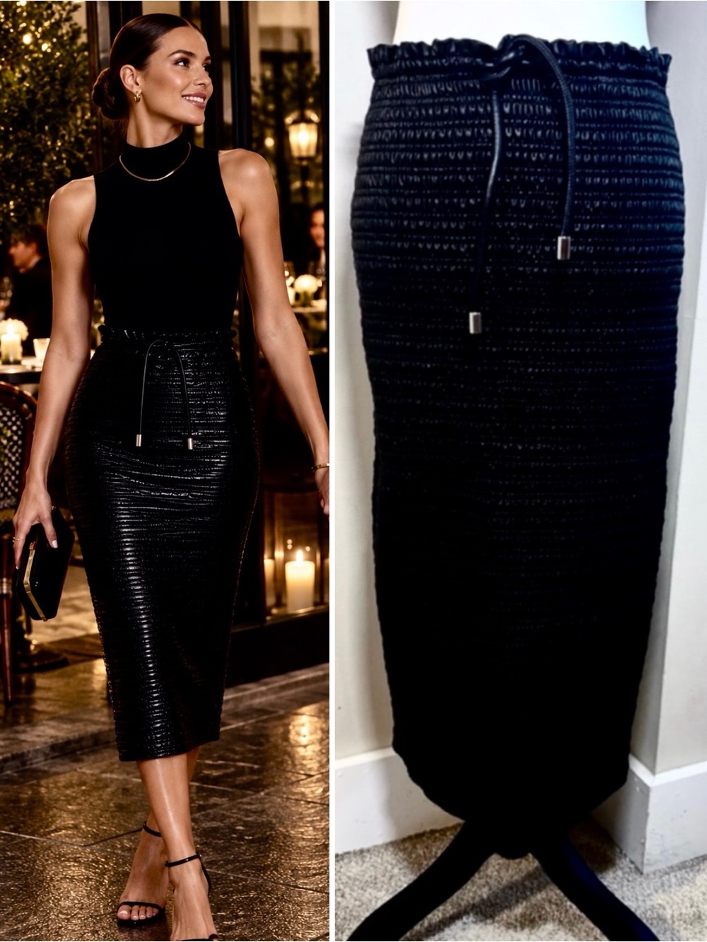 ALC Jaclyn Vegan Leather Paperbag Smocked Stretch Midi Pencil Skirt Sz 6 💛
